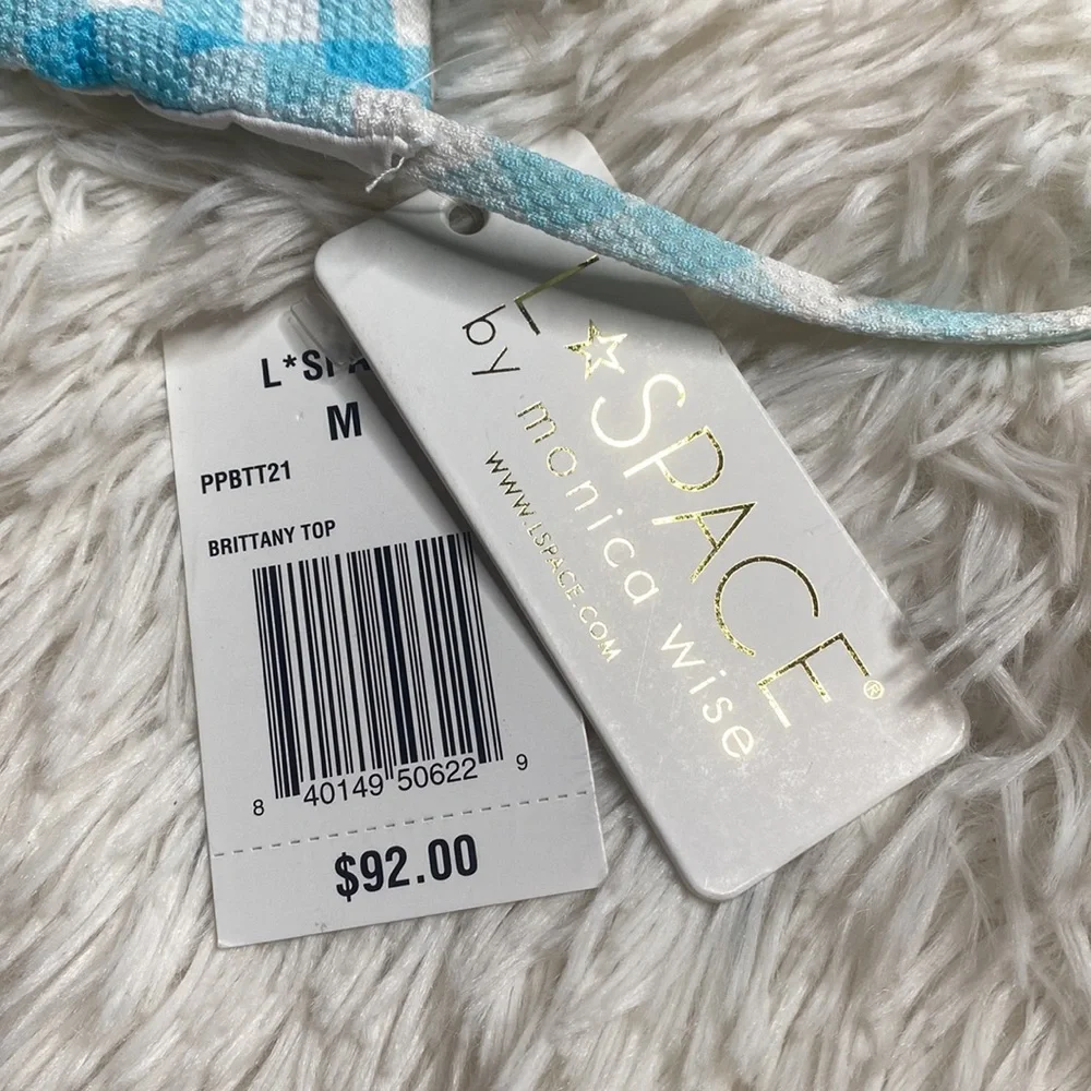 L Space by Monica Wise Blue White Checkered Bikini Swim Top Size Medium
